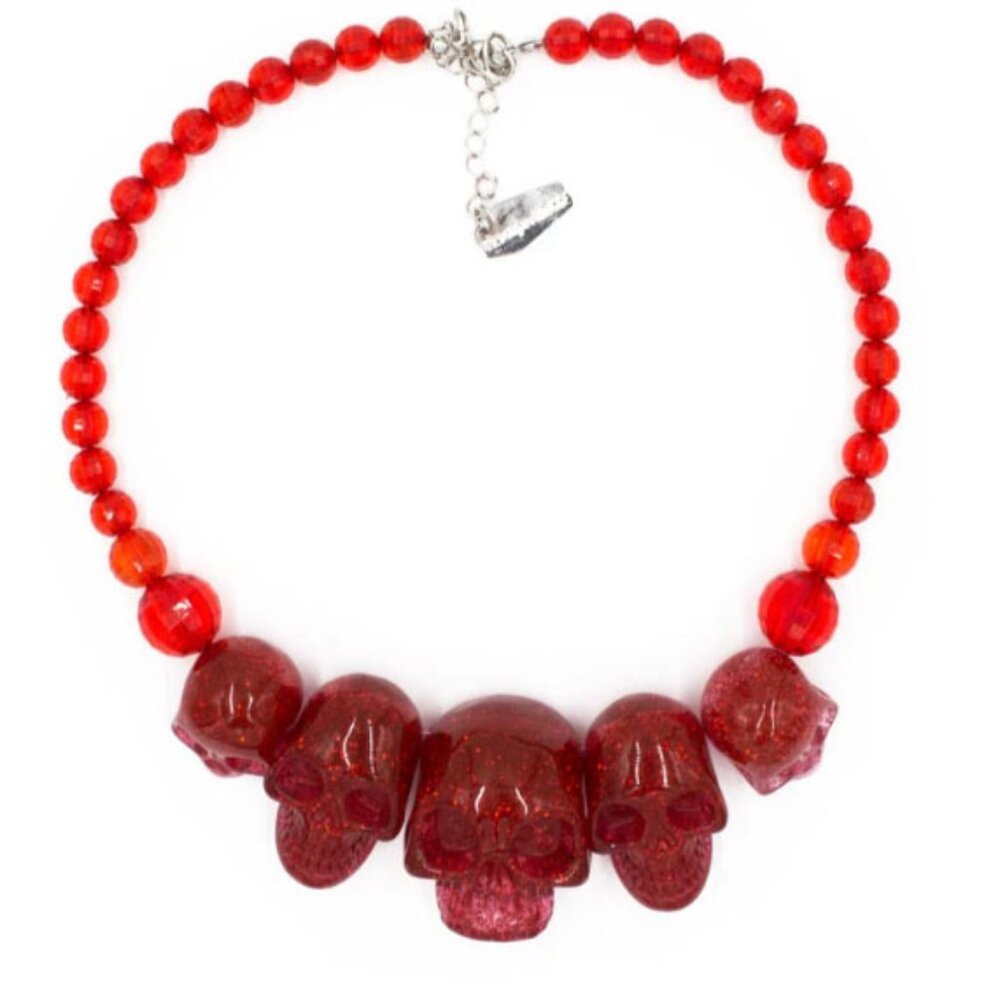 Chunky Skull Collection Punk Necklace in Red Glitter Resin NWT